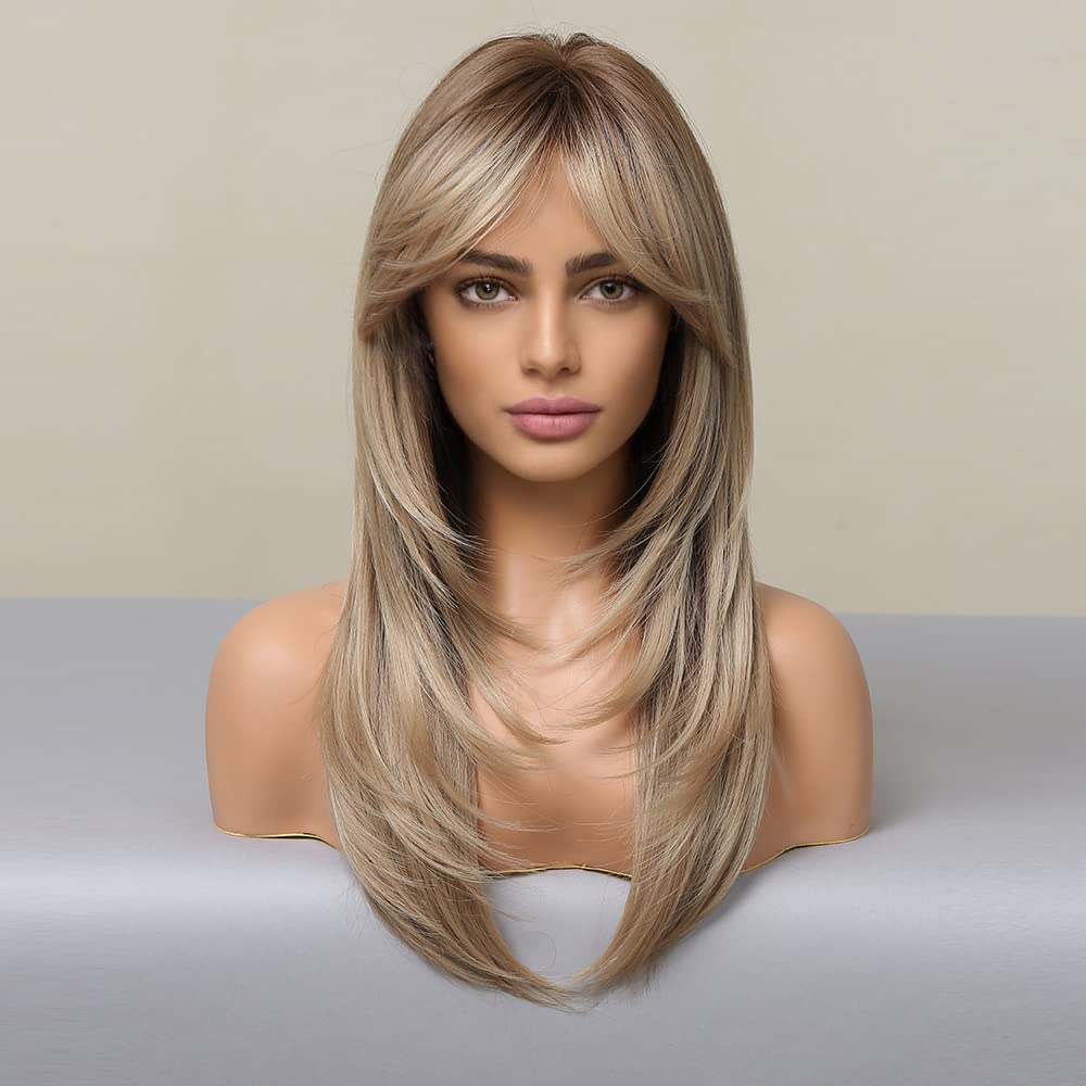 Blonde Wig for Women Long Straight Layered Wig with Bangs Ombre Blonde Synthetic Hair with Highlight