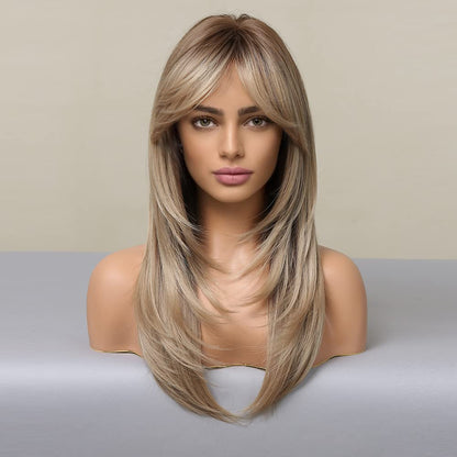 Blonde Wig for Women Long Straight Layered Wig with Bangs Ombre Blonde Synthetic Hair with Highlight