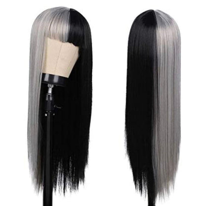Half Grey Half Black Long Straight Wig With Bangs