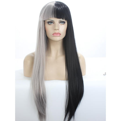 Half Grey Half Black Long Straight Wig With Bangs