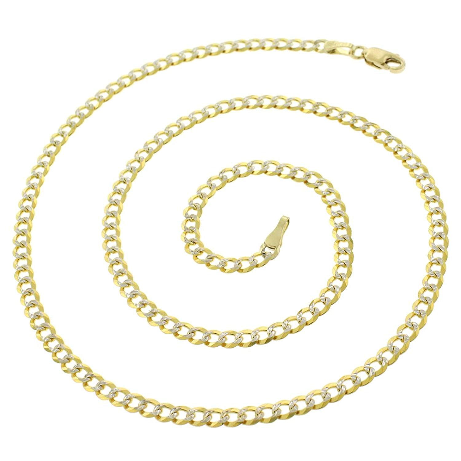 14K Yellow Gold 3MM Solid Cuban Curb Link Two-Tone Pave Chain
