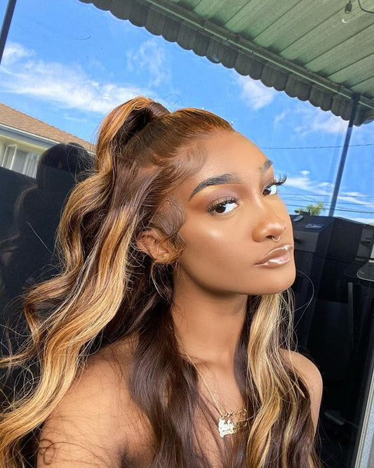 Body Wave Highlight Ombre #4/27 Human Hair Lace Front Wig