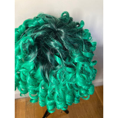 Short Bob Afro Curly Black and Green Wig With Bangs