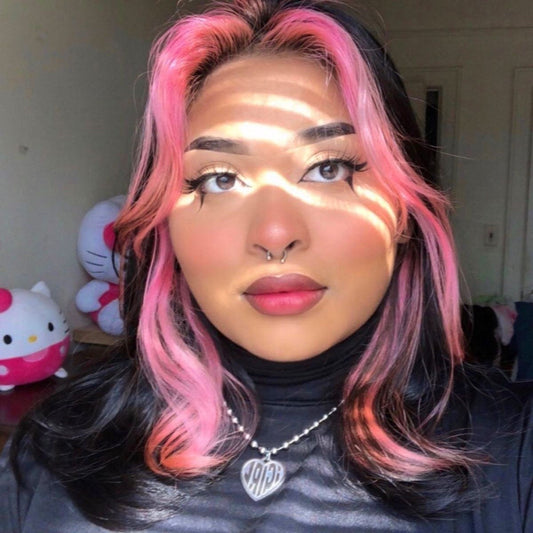 SHORT BOB Black PINK Wavy Middle Part Wigs