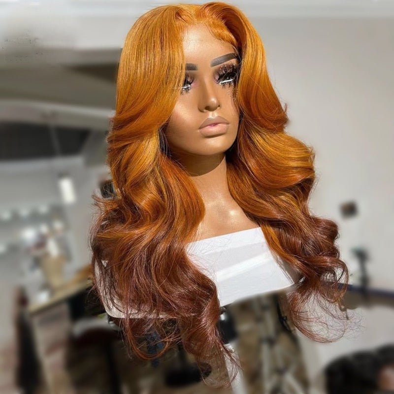 5x5 10A Body Wave Ombre Orange Brown Color Lace Closure Human Hair Wigs