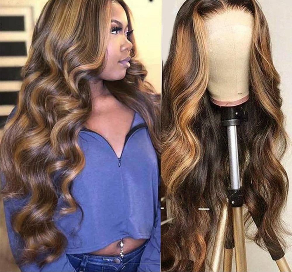 Ombre Lace Front Wig Human Hair 200%Density Blonde Highlight Wig Human Hair Pre Plucked 4/27 Highlight Lace Front Wigs Human Hair 13x4 HD Lace Brown Highlighted Wig Body Wave