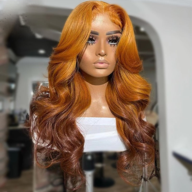 5x5 10A Body Wave Ombre Orange Brown Color Lace Closure Human Hair Wigs