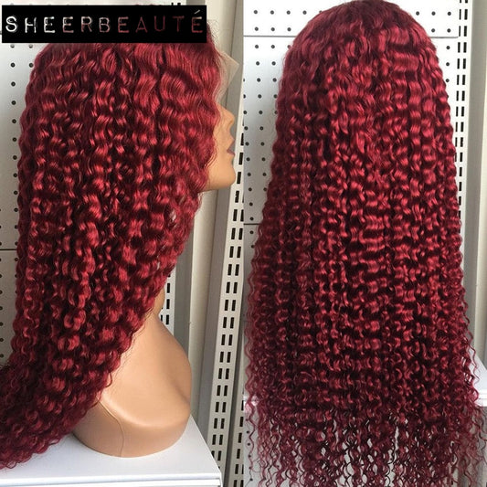 Long Curly 99J Burgundy 13x4 Transparent Lace Human Hair|4x4Closure Wig
