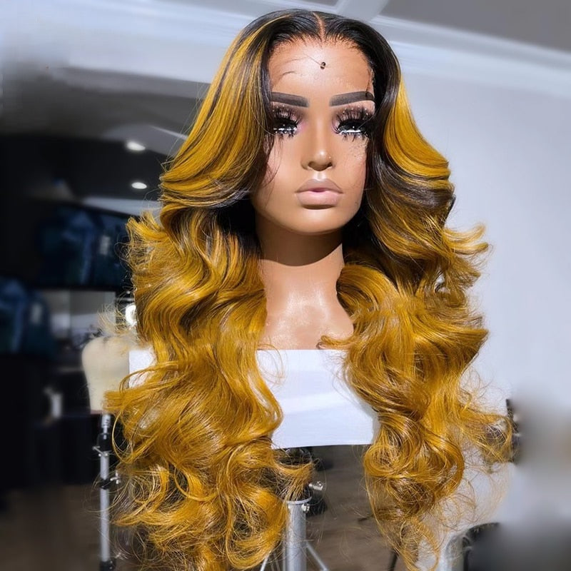 5x5 10A Body Wave Ombre Orange Brown Color Lace Closure Human Hair Wigs