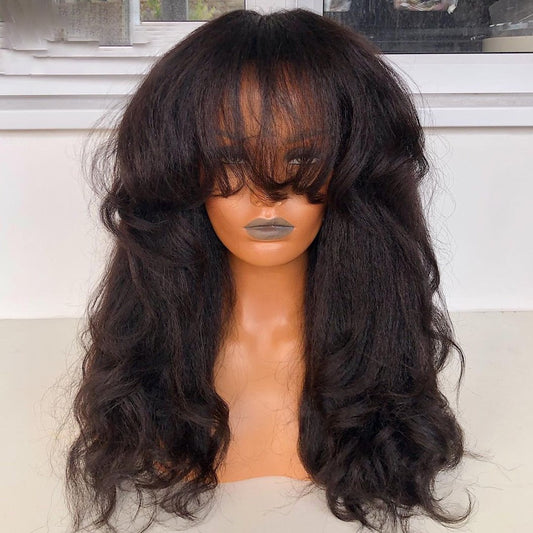 Long Yaki Full Human Hair Wig With Bangs
