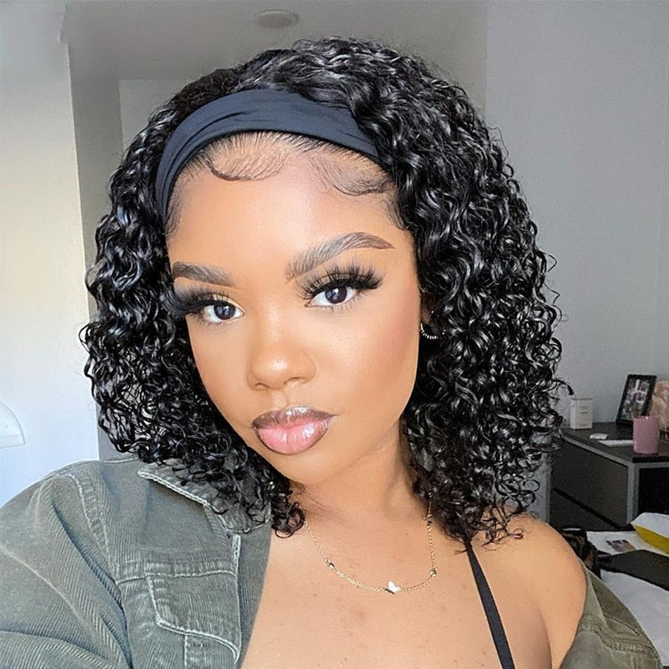 Short Bob Curly Human Hair Headband Wigs For Women- DragQueen