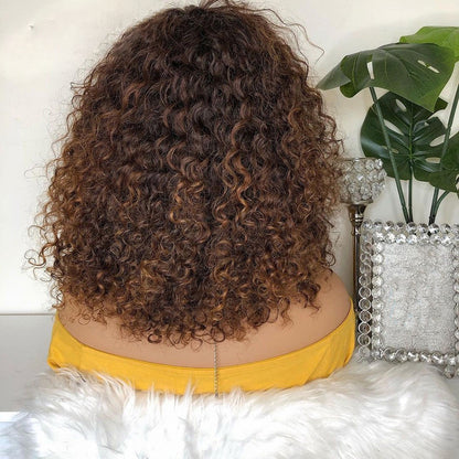 Bob Curly Highlight Brown Colored Brazilian Human Hair Wigs with Bangs