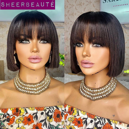 Natural Black Brazilian Straight Bob Human hair Wigs With Bangs