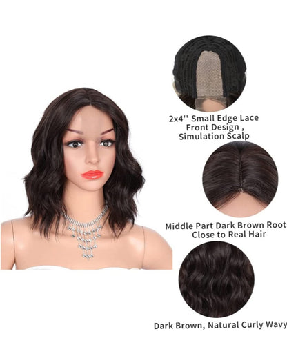 Short Bob Wavy Dark Brown Lace Wig