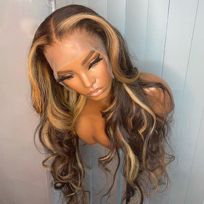30 Inch Full T Part Honey Blonde Wavy Lace Front Human Hair Wig