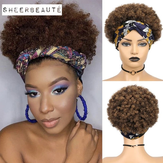 Short Afro Headband Curly Wig Human Hair Head Wrap Wig