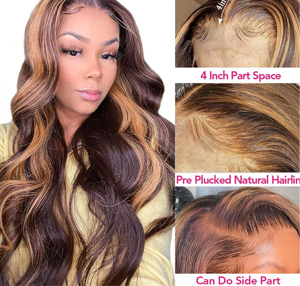 Ombre Lace Front Wig Human Hair 200%Density Blonde Highlight Wig Human Hair Pre Plucked 4/27 Highlight Lace Front Wigs Human Hair 13x4 HD Lace Brown Highlighted Wig Body Wave