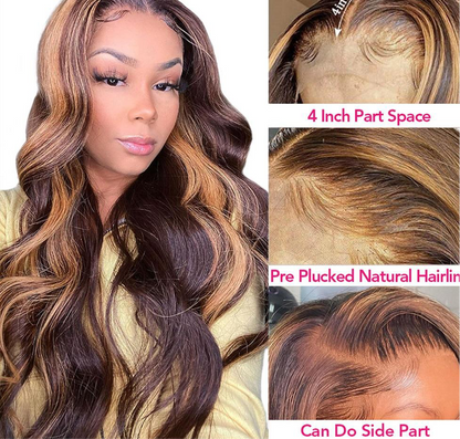 Ombre Lace Front Wig Human Hair 200%Density Blonde Highlight Wig Human Hair Pre Plucked 4/27 Highlight Lace Front Wigs Human Hair 13x4 HD Lace Brown Highlighted Wig Body Wave