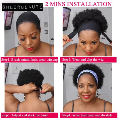 Short Afro Headband Curly Wig Human Hair Head Wrap Wig