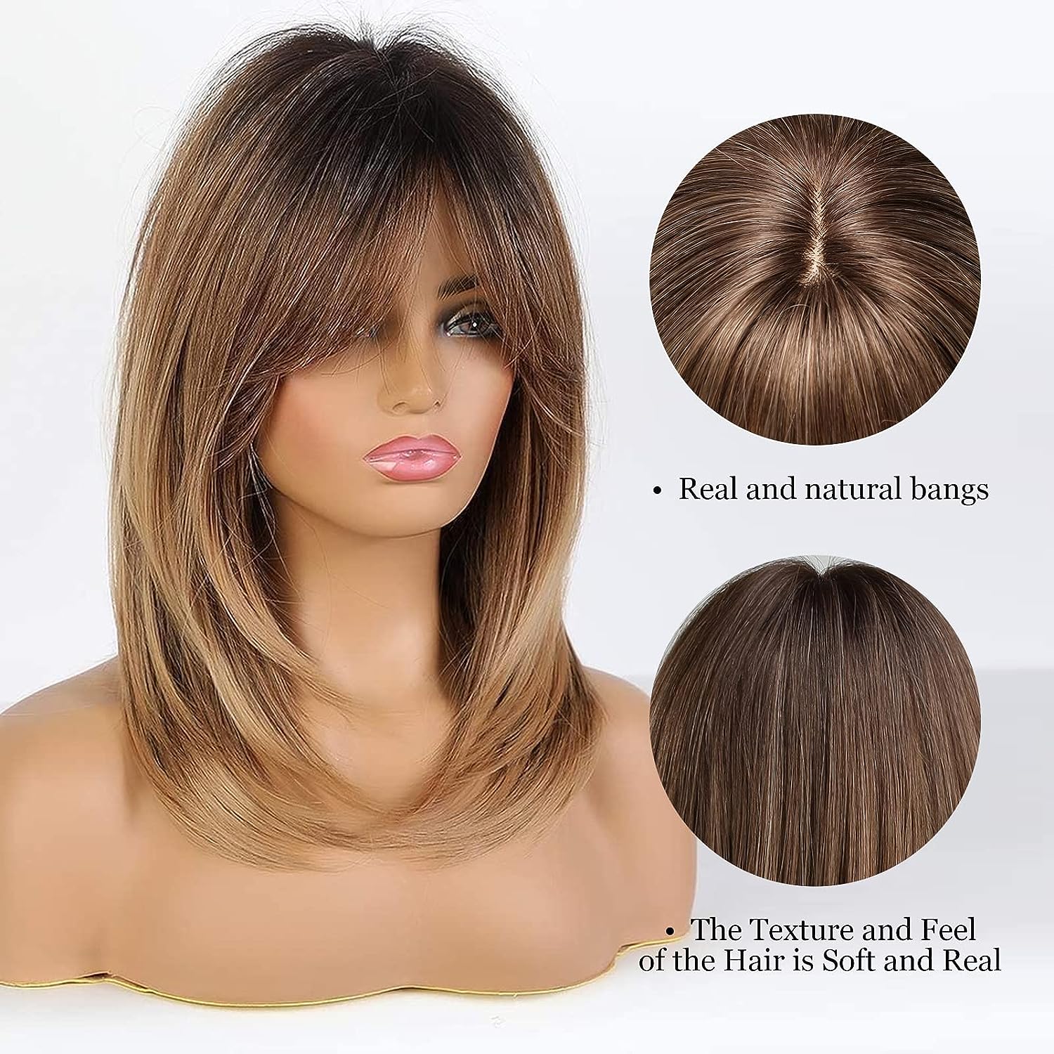 ombre Brown Wig with Curtain Bangs Medium Length Layered Bob Hair Wig for Women Heat Resistant Synthetic Wigs for Daily Use