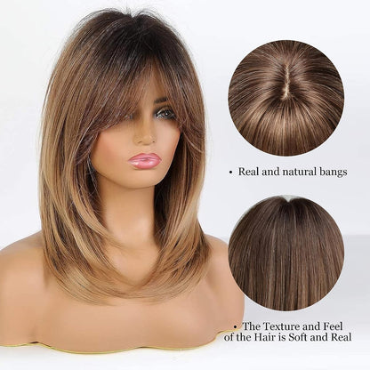 ombre Brown Wig with Curtain Bangs Medium Length Layered Bob Hair Wig for Women Heat Resistant Synthetic Wigs for Daily Use