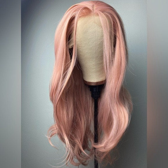 Pink Long Wavy Hair Wigs-Rose Gold Lace Front Synthetic Wig