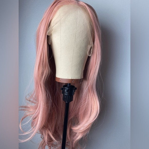 Pink Long Wavy Hair Wigs-Rose Gold Lace Front Synthetic Wig