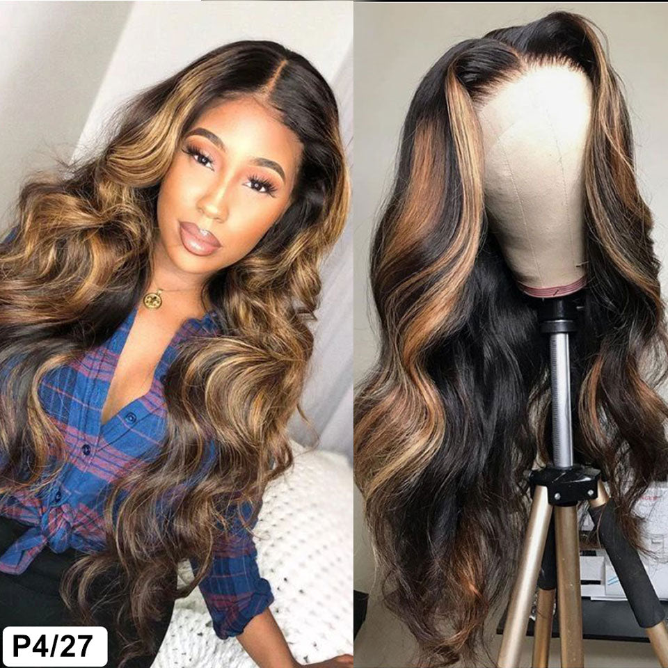 Ombre Lace Front Wig Human Hair 200%Density Blonde Highlight Wig Human Hair Pre Plucked 4/27 Highlight Lace Front Wigs Human Hair 13x4 HD Lace Brown Highlighted Wig Body Wave
