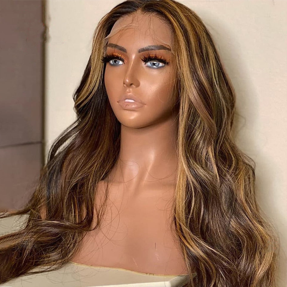 Ombre Lace Front Wig Human Hair 200%Density Blonde Highlight Wig Human Hair Pre Plucked 4/27 Highlight Lace Front Wigs Human Hair 13x4 HD Lace Brown Highlighted Wig Body Wave