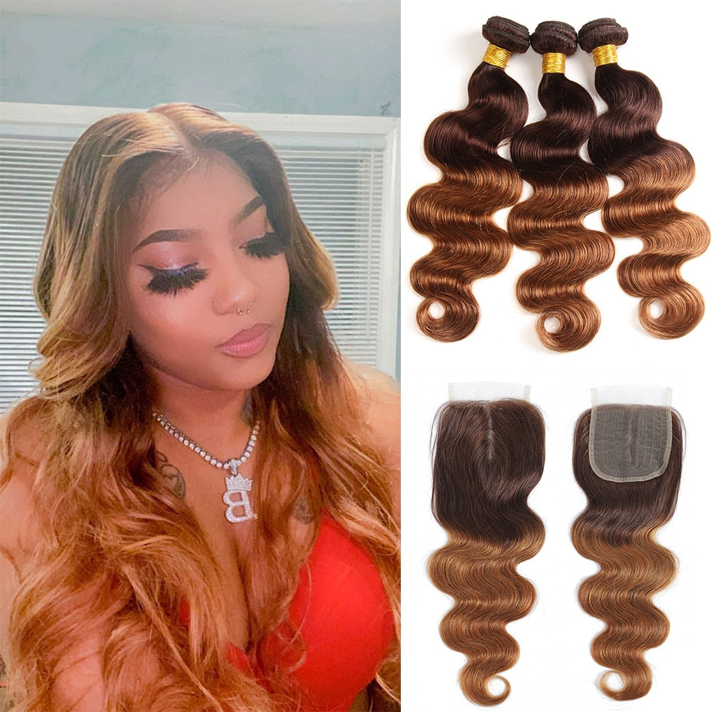 Body Wave Brazilian Human Hair Weave| Ombre Brown Straight Hair  Extension