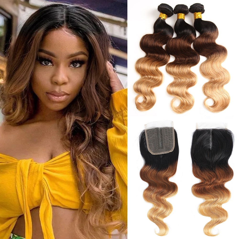 Body Wave Brazilian Human Hair Weave| Ombre Brown Straight Hair  Extension