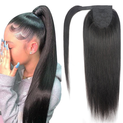 Ponytail Clip In Human Hair Wrap Around Hair Extension Natural Color