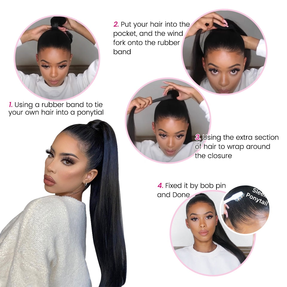 Ponytail Clip In Human Hair Wrap Around Hair Extension Natural Color
