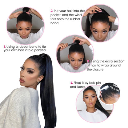 Ponytail Clip In Human Hair Wrap Around Hair Extension Natural Color