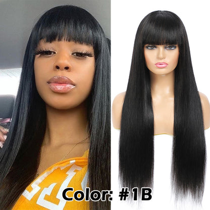 Straight Red-Blonde-Black Brazilian Human Hair Wig With Bangs