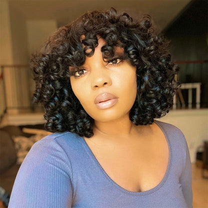 Short Bob Big Curly Human Hair Wigs with Bangs