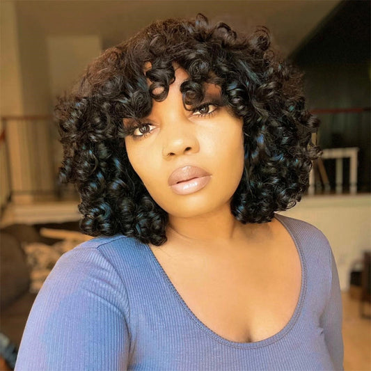 Short Bob Big Curly Human Hair Wigs with Bangs
