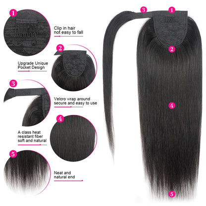 Ponytail Clip In Human Hair Wrap Around Hair Extension Natural Color